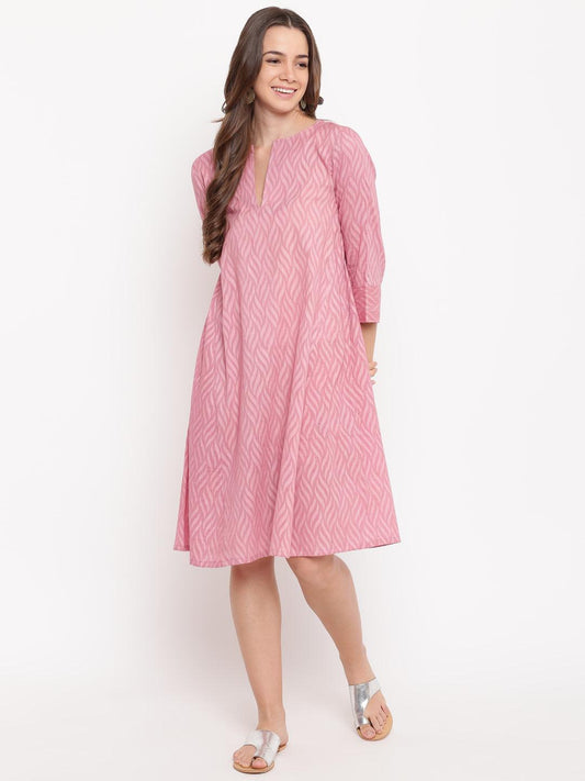 trueBrowns Pink Floral Dobby Cuff Dress | Swadesiicart