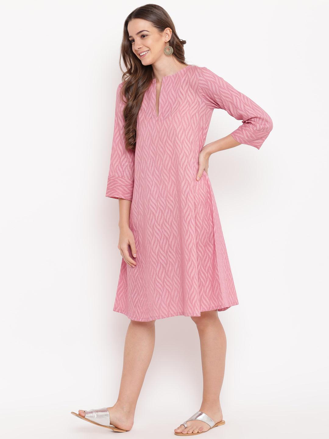 trueBrowns Pink Floral Dobby Cuff Dress | Swadesiicart