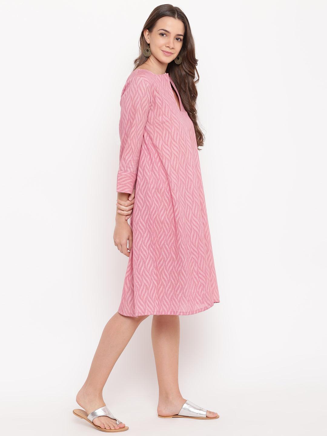 trueBrowns Pink Floral Dobby Cuff Dress | Swadesiicart