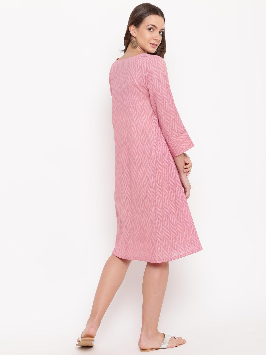 trueBrowns Pink Floral Dobby Cuff Dress | Swadesiicart