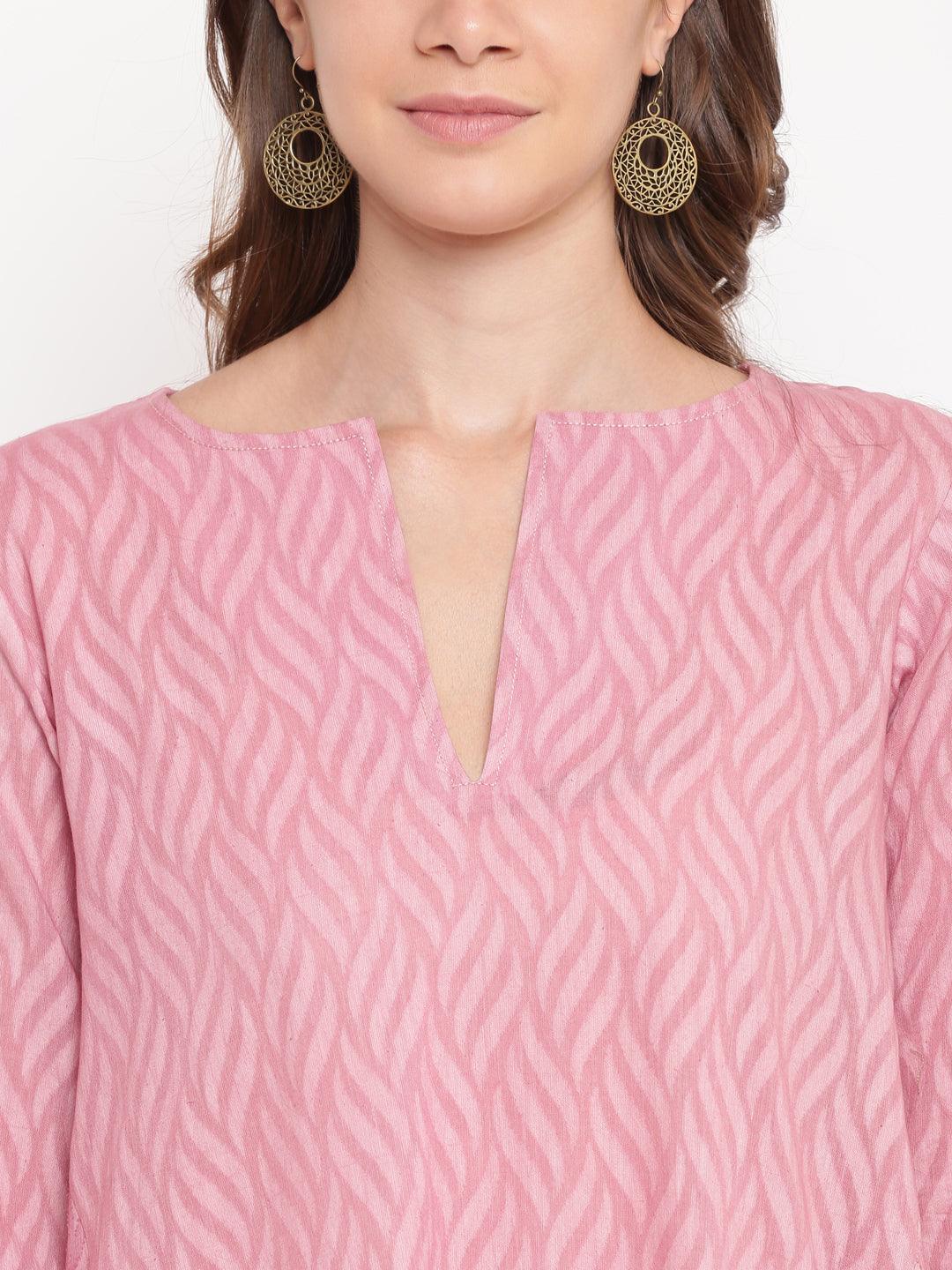 trueBrowns Pink Floral Dobby Cuff Dress | Swadesiicart