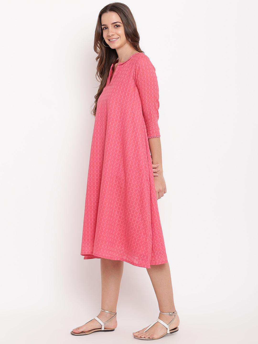 trueBrowns Brick Pink Dobby Grid Flared Dress | Swadesiicart