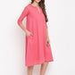 trueBrowns Brick Pink Dobby Grid Flared Dress | Swadesiicart