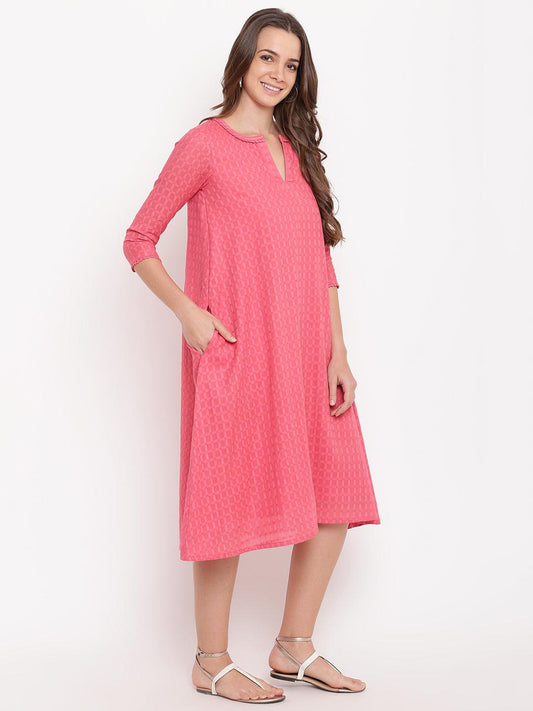 trueBrowns Brick Pink Dobby Grid Flared Dress | Swadesiicart