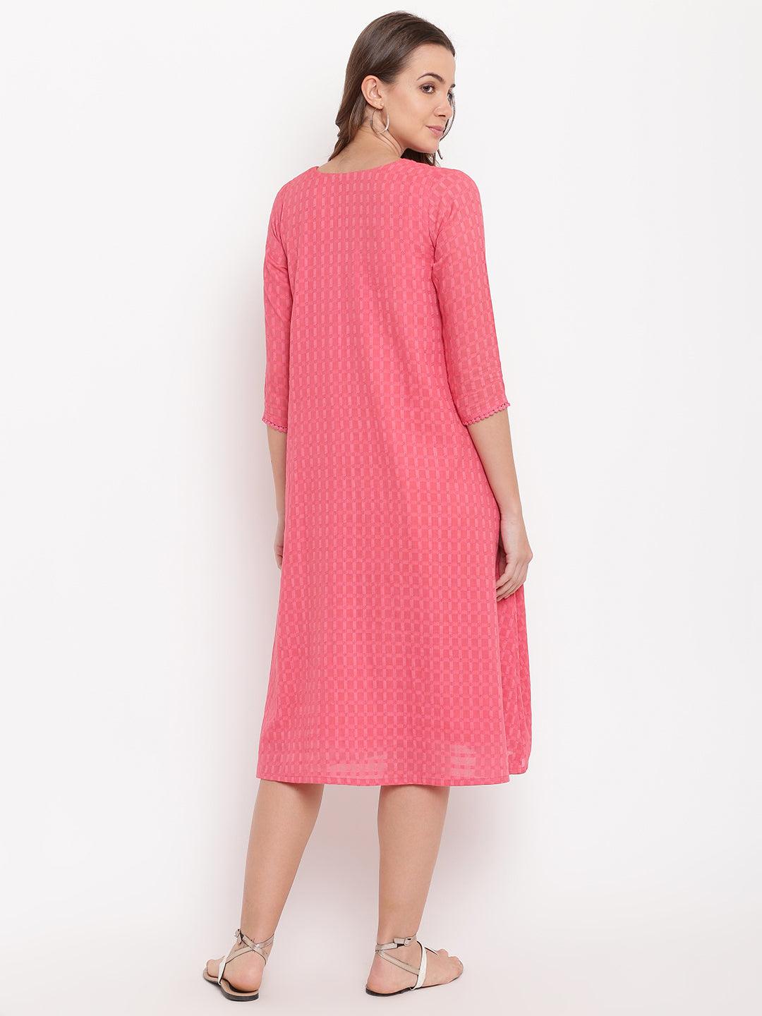 trueBrowns Brick Pink Dobby Grid Flared Dress | Swadesiicart