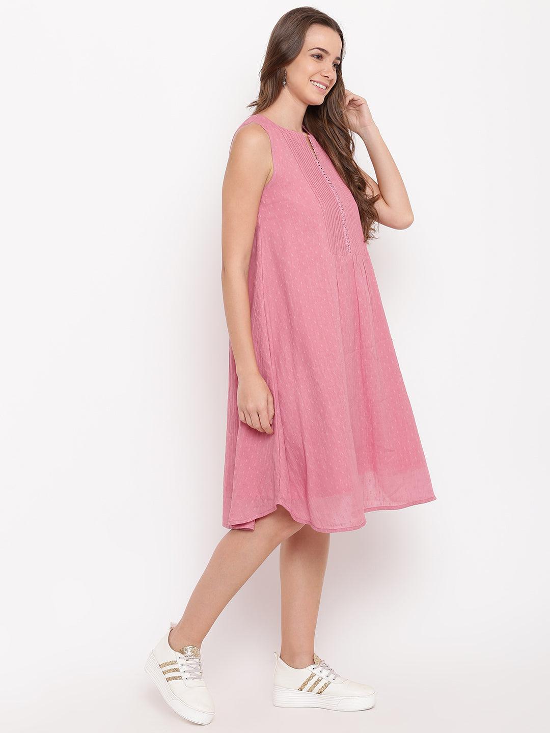 trueBrowns Pink Pin-Tucks Dress | Swadesiicart