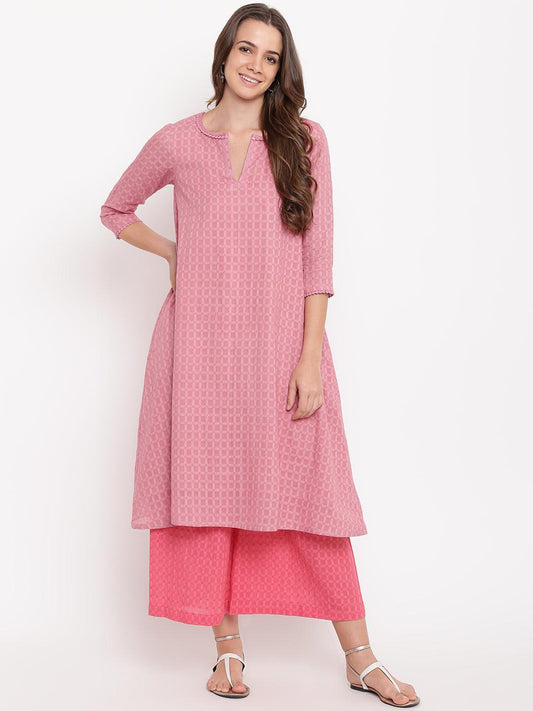 trueBrowns Pink Grid Dobby Kurta-Contrast Palazzo | Swadesiicart