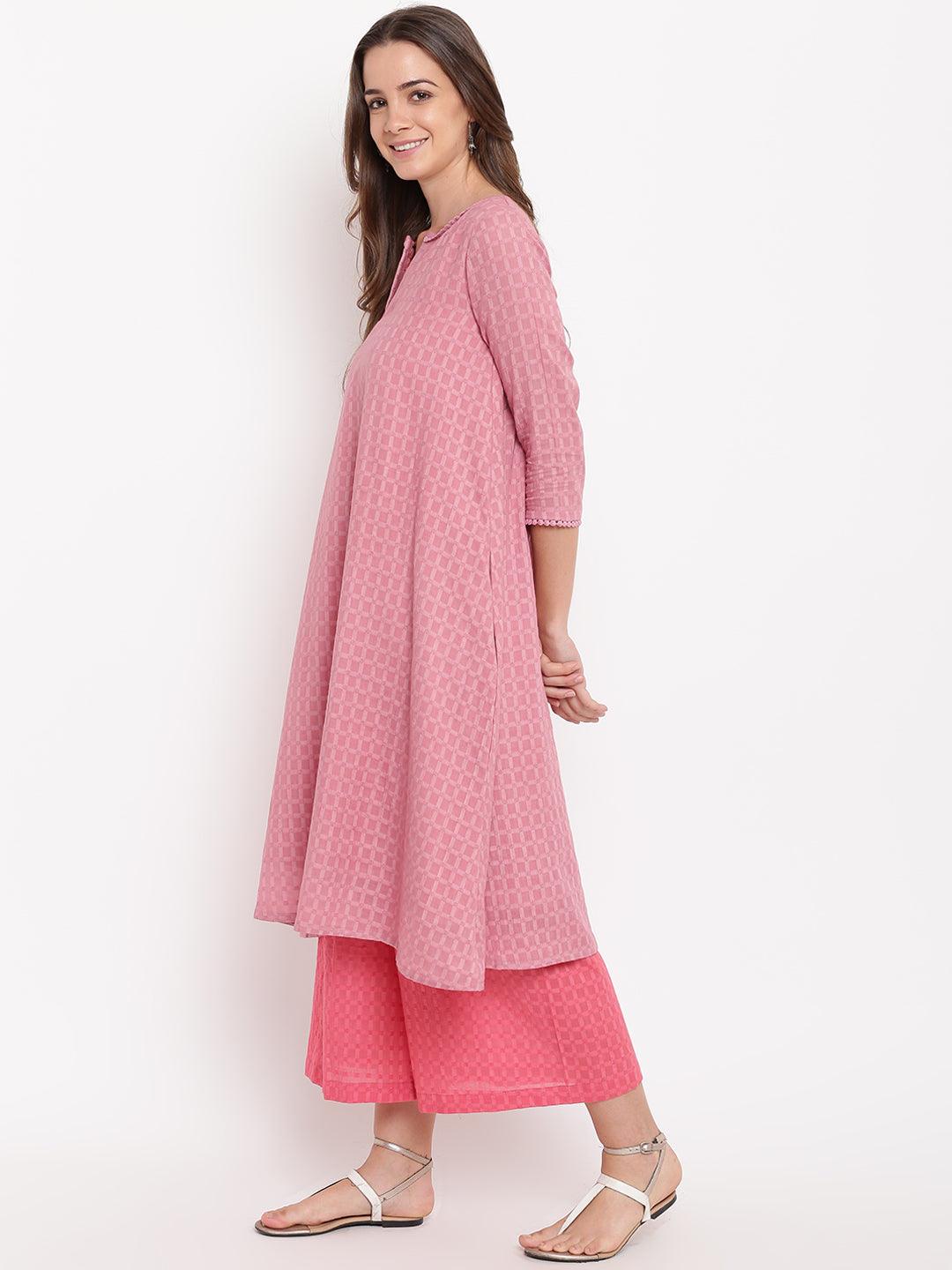 trueBrowns Pink Grid Dobby Kurta-Contrast Palazzo | Swadesiicart