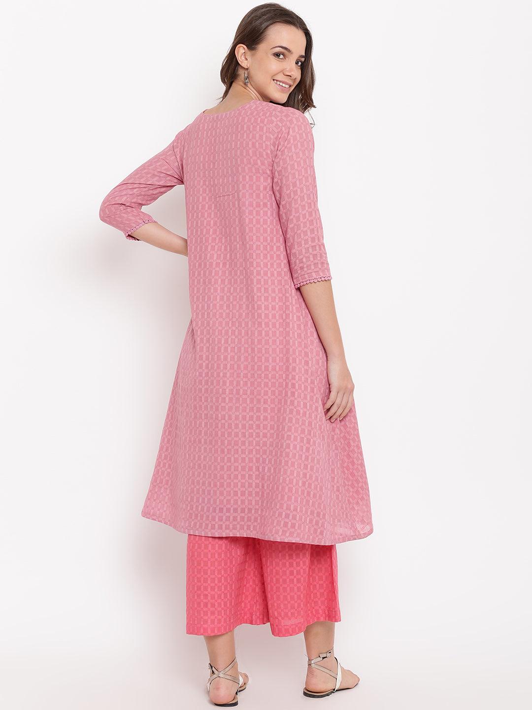 trueBrowns Pink Grid Dobby Kurta-Contrast Palazzo | Swadesiicart