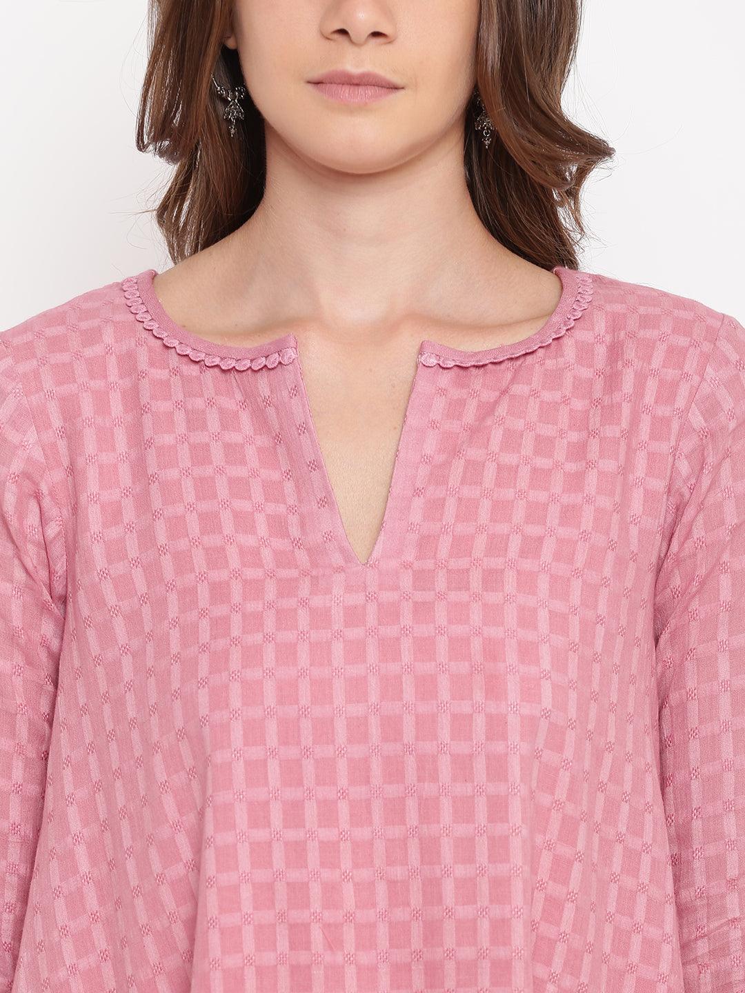 trueBrowns Pink Grid Dobby Kurta-Contrast Palazzo | Swadesiicart