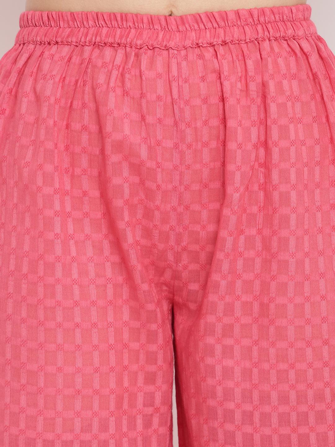 trueBrowns Pink Grid Dobby Kurta-Contrast Palazzo | Swadesiicart