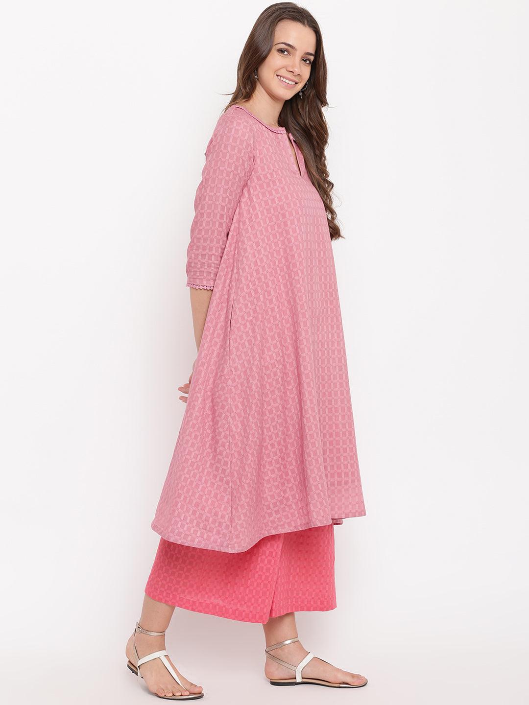 trueBrowns Pink Grid Dobby Kurta-Contrast Palazzo | Swadesiicart