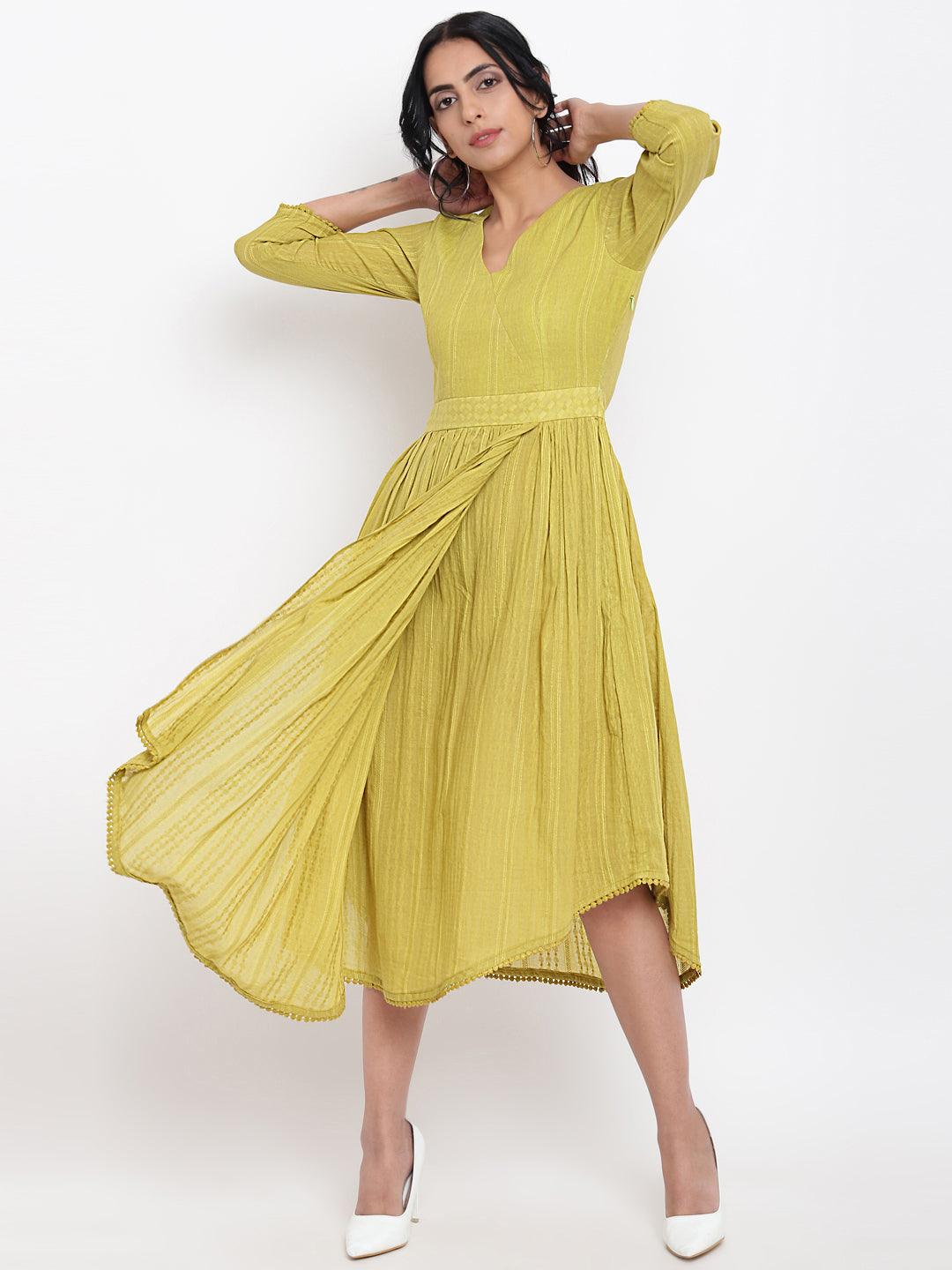 trueBrowns Cotton Overlap Flare Dress - Green | Swadesiicart