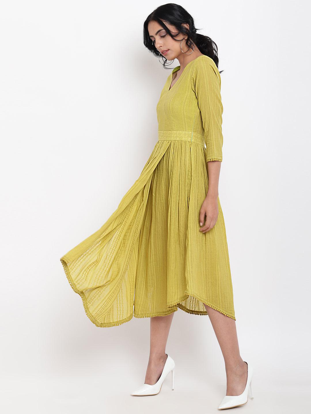 trueBrowns Cotton Overlap Flare Dress - Green | Swadesiicart