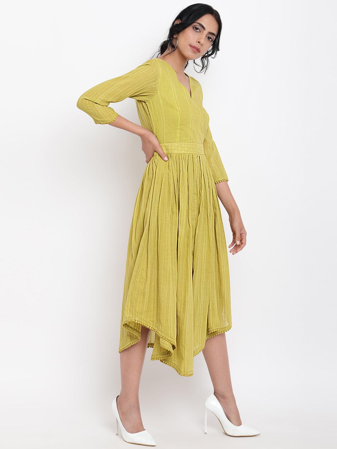 trueBrowns Green Cotton Overlap Flare Dress | Swadesiicart