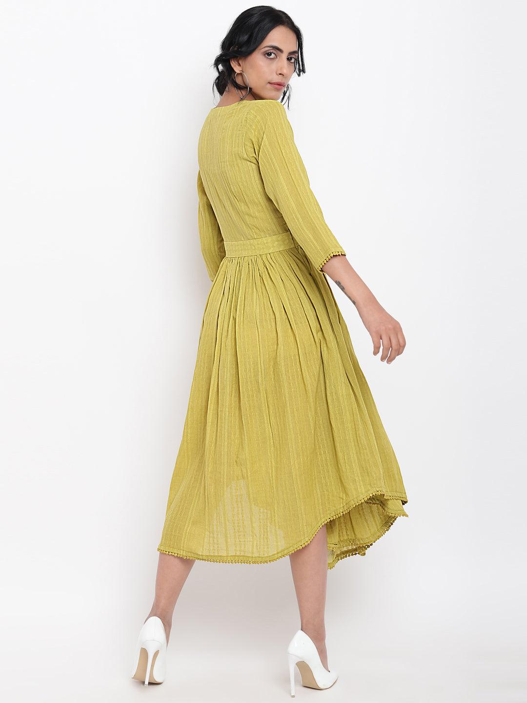 trueBrowns Cotton Overlap Flare Dress - Green | Swadesiicart