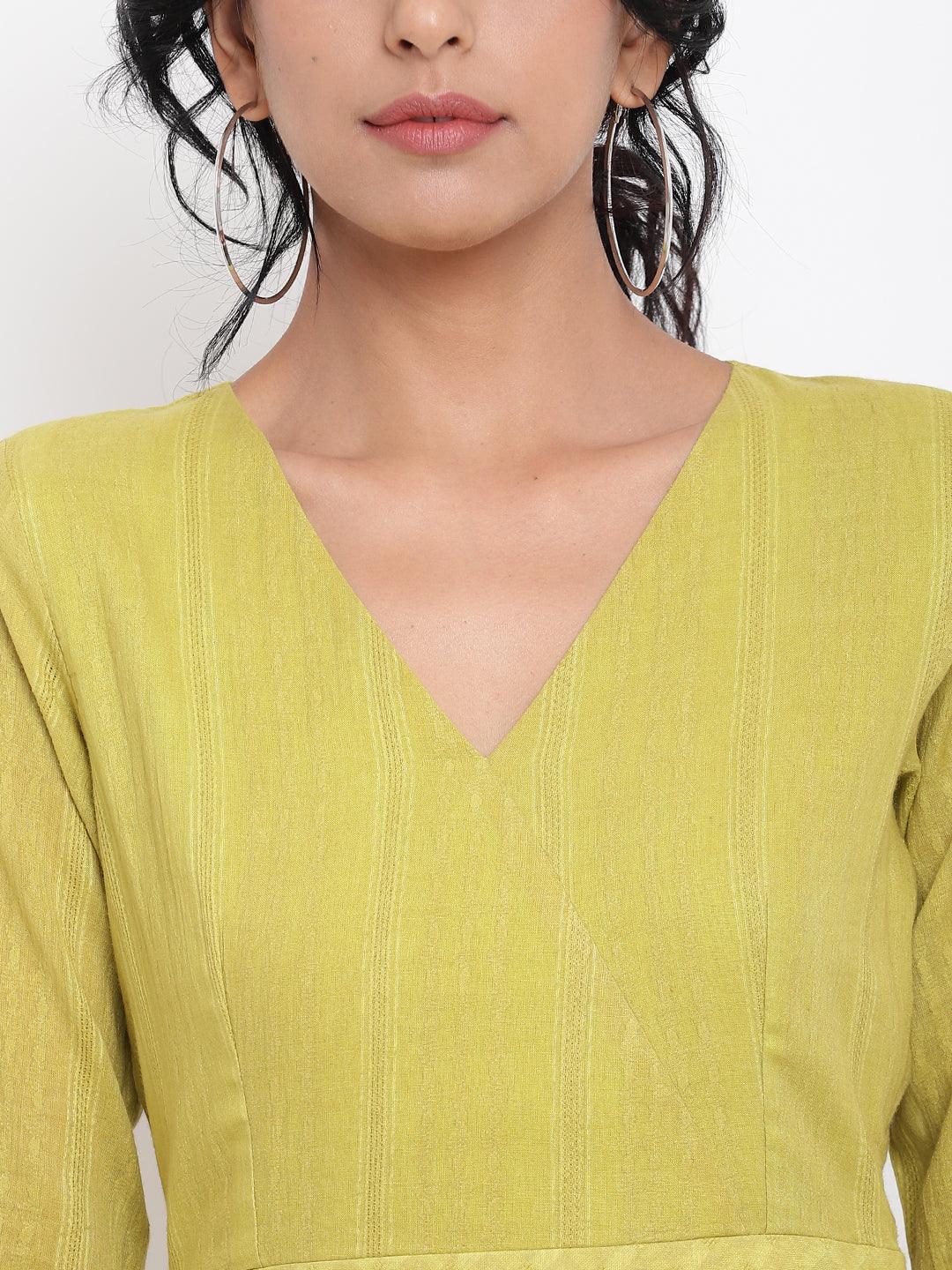 trueBrowns Cotton Overlap Flare Dress - Green | Swadesiicart