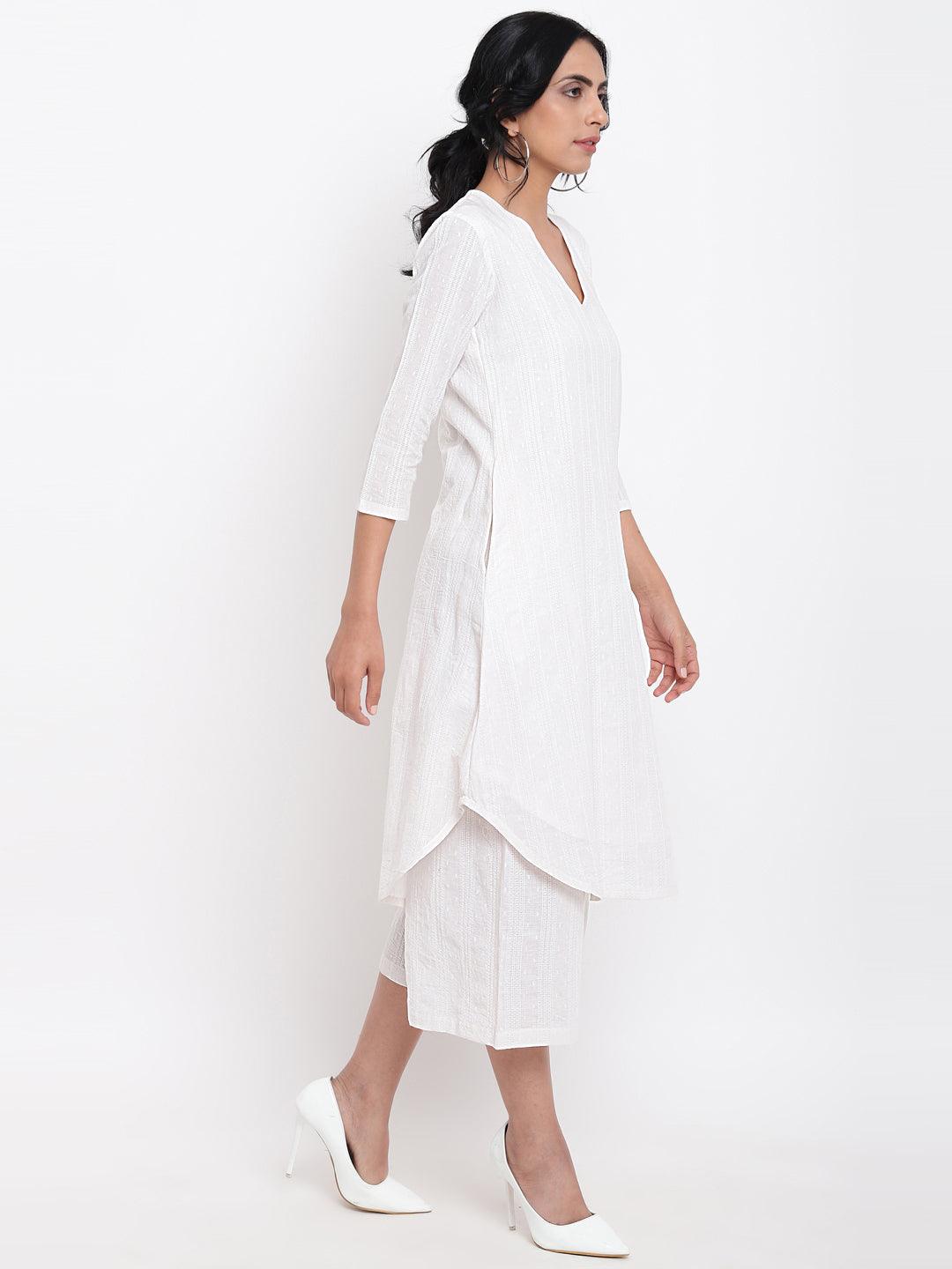 trueBrowns White Dobby Kurta Set | Swadesiicart