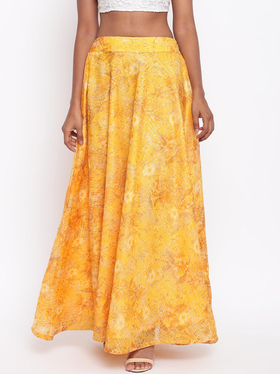 trueBrowns Yellow Foil Organza Skirt | Swadesiicart