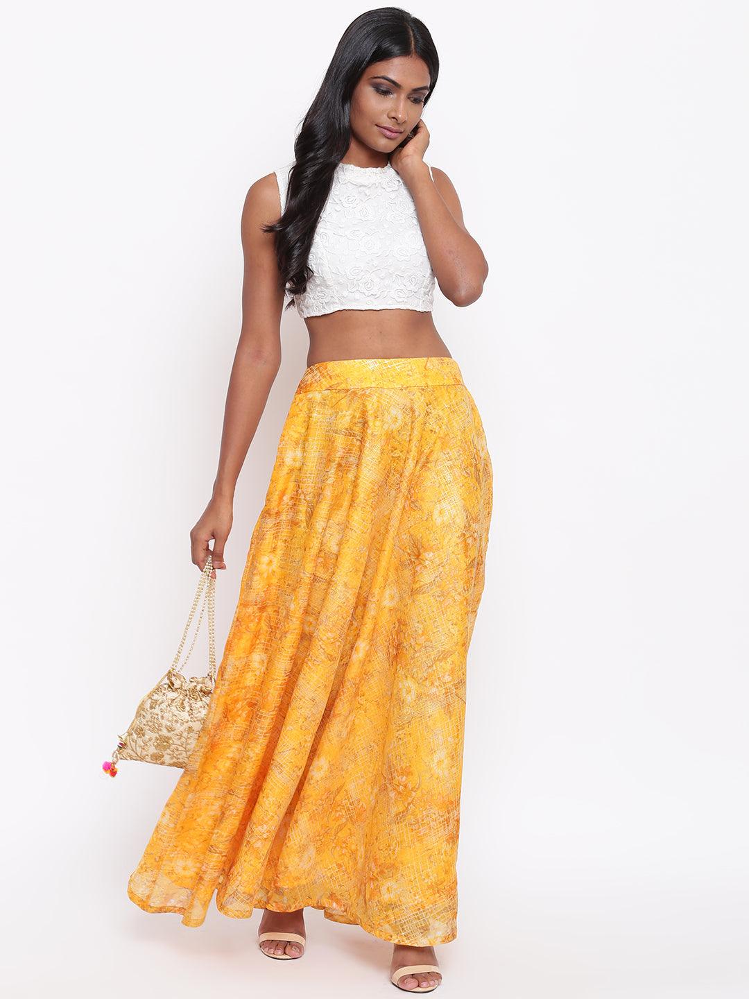 trueBrowns Yellow Foil Organza Skirt | Swadesiicart