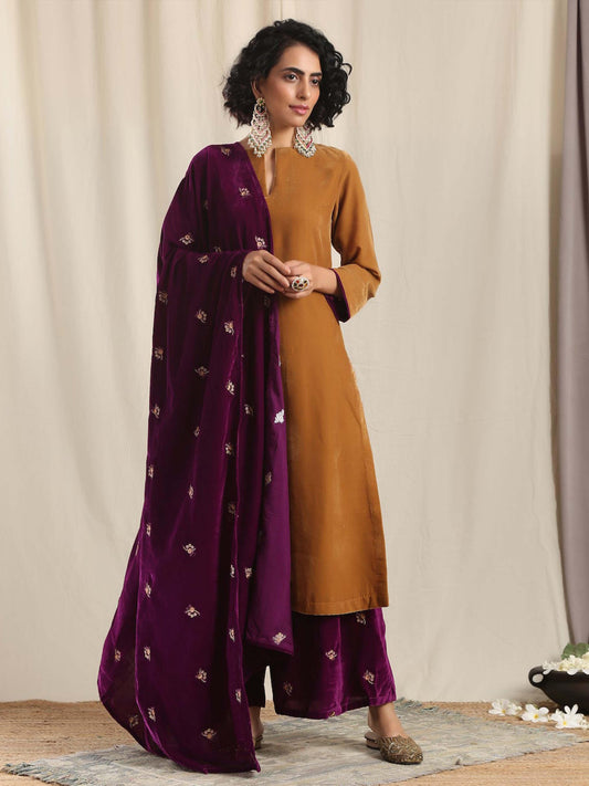 trueBrowns Wine Velvet Embroidered Shawl | Swadesiicart