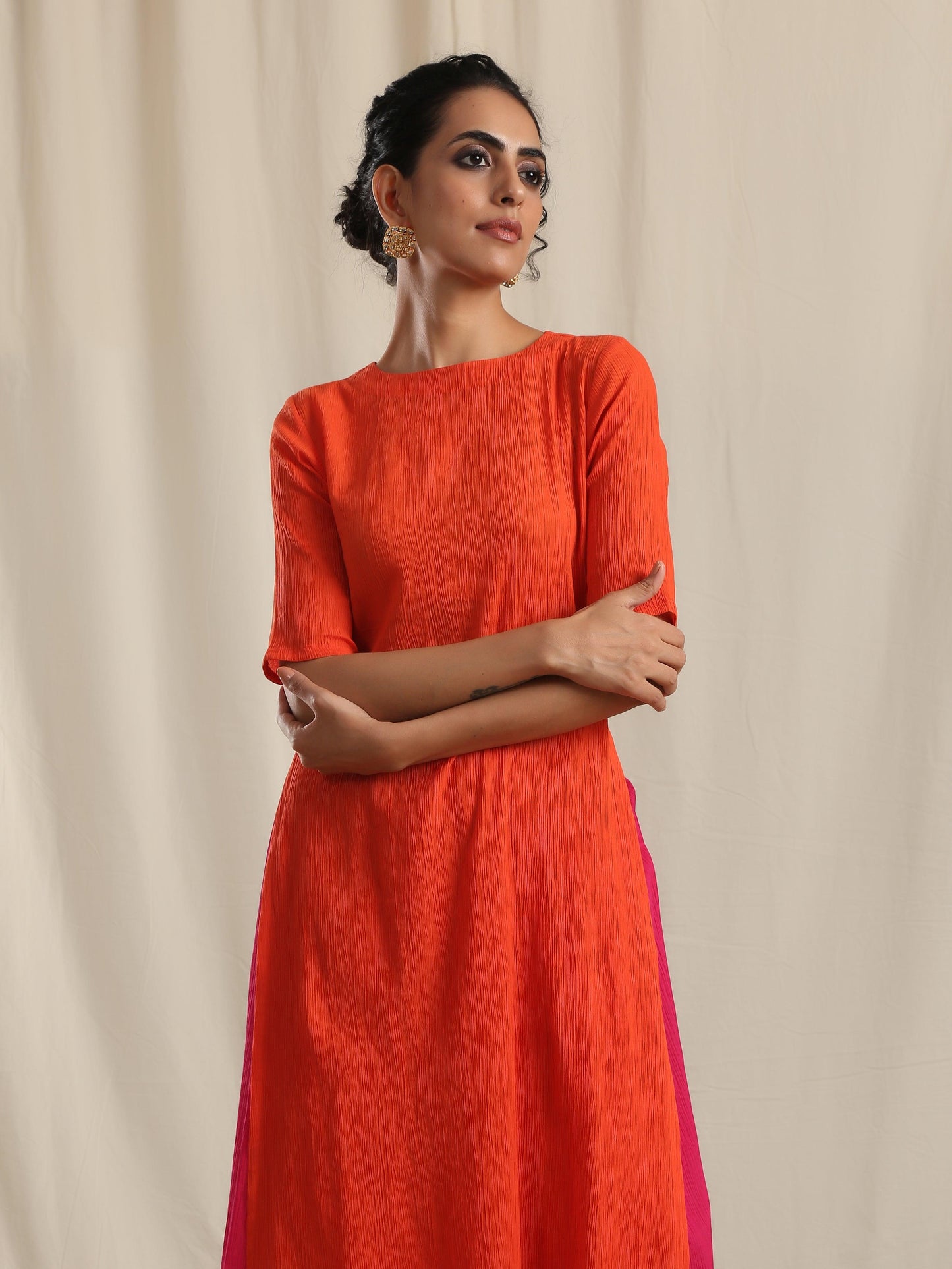 trueBrowns Orange Crinkle Slit Kurta Pant Set Relove | Swadesiicart