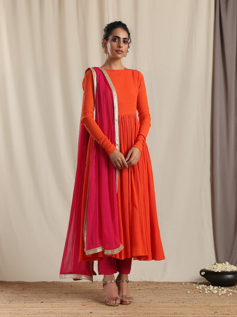trueBrowns Orange Crinkle Anarkali Kurta Pant Dupatta Set | Swadesiicart