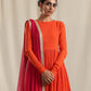 trueBrowns Orange Crinkle Anarkali Kurta Pant Dupatta Set | Swadesiicart