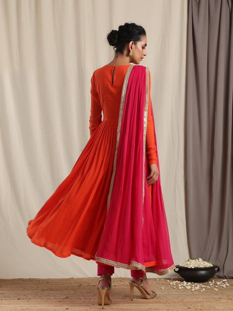 trueBrowns Orange Crinkle Anarkali Kurta Pant Dupatta Set | Swadesiicart