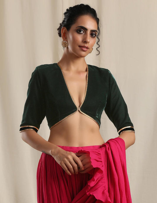trueBrowns Green Velvet Gota Blouse | Swadesiicart