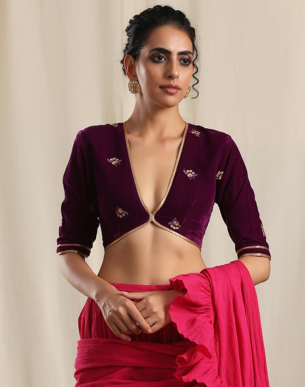 trueBrowns Wine Velvet Embroidered Blouse | Swadesiicart