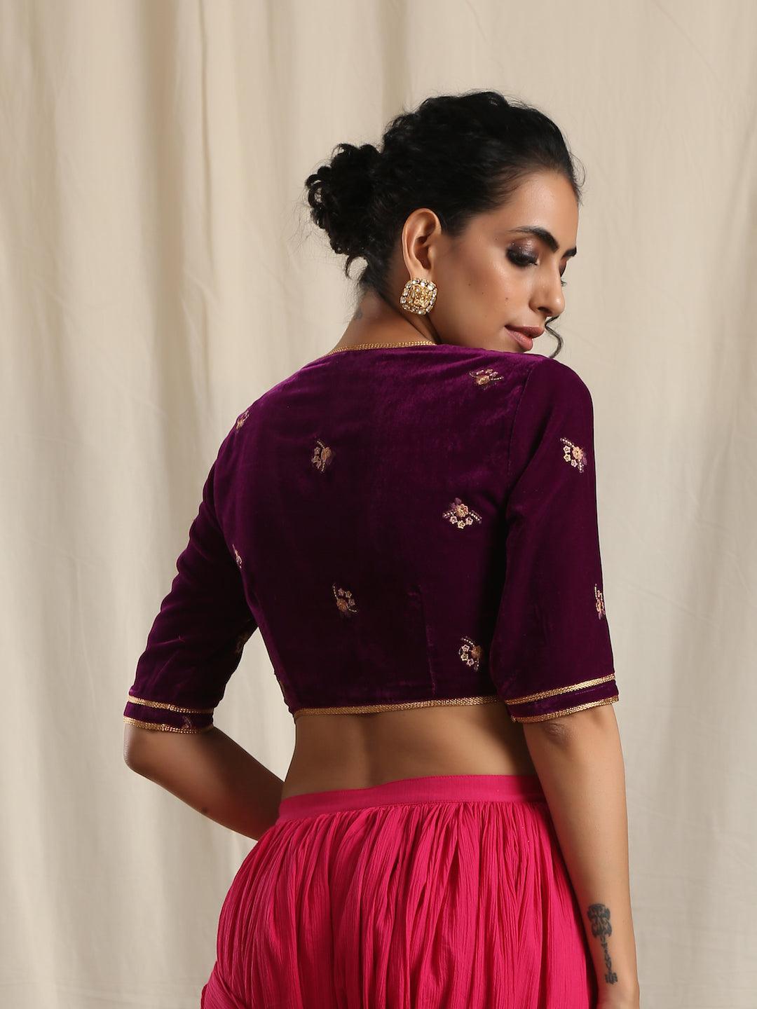 trueBrowns Wine Velvet Embroidered Blouse | Swadesiicart