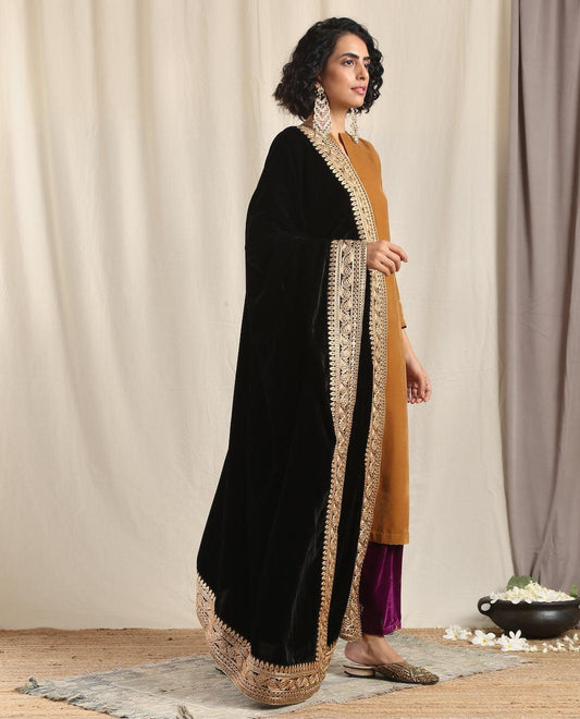 trueBrowns Black Velvet Embroidered Lace Shawl | Swadesiicart