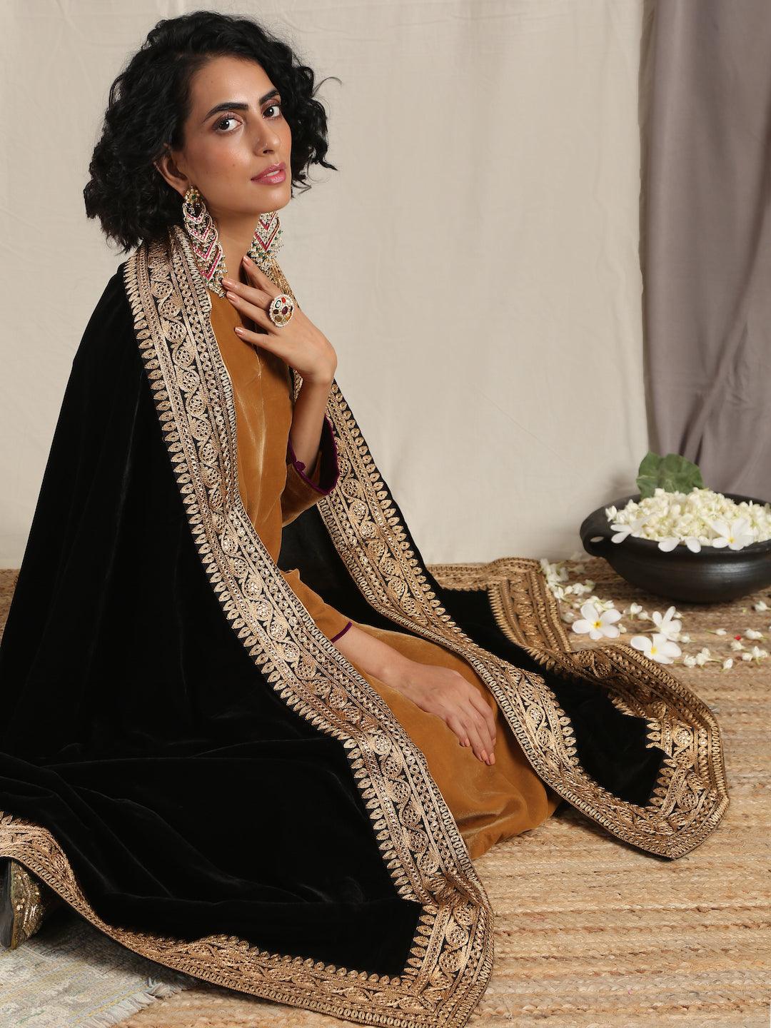 trueBrowns Black Velvet Embroidered Lace Shawl | Swadesiicart