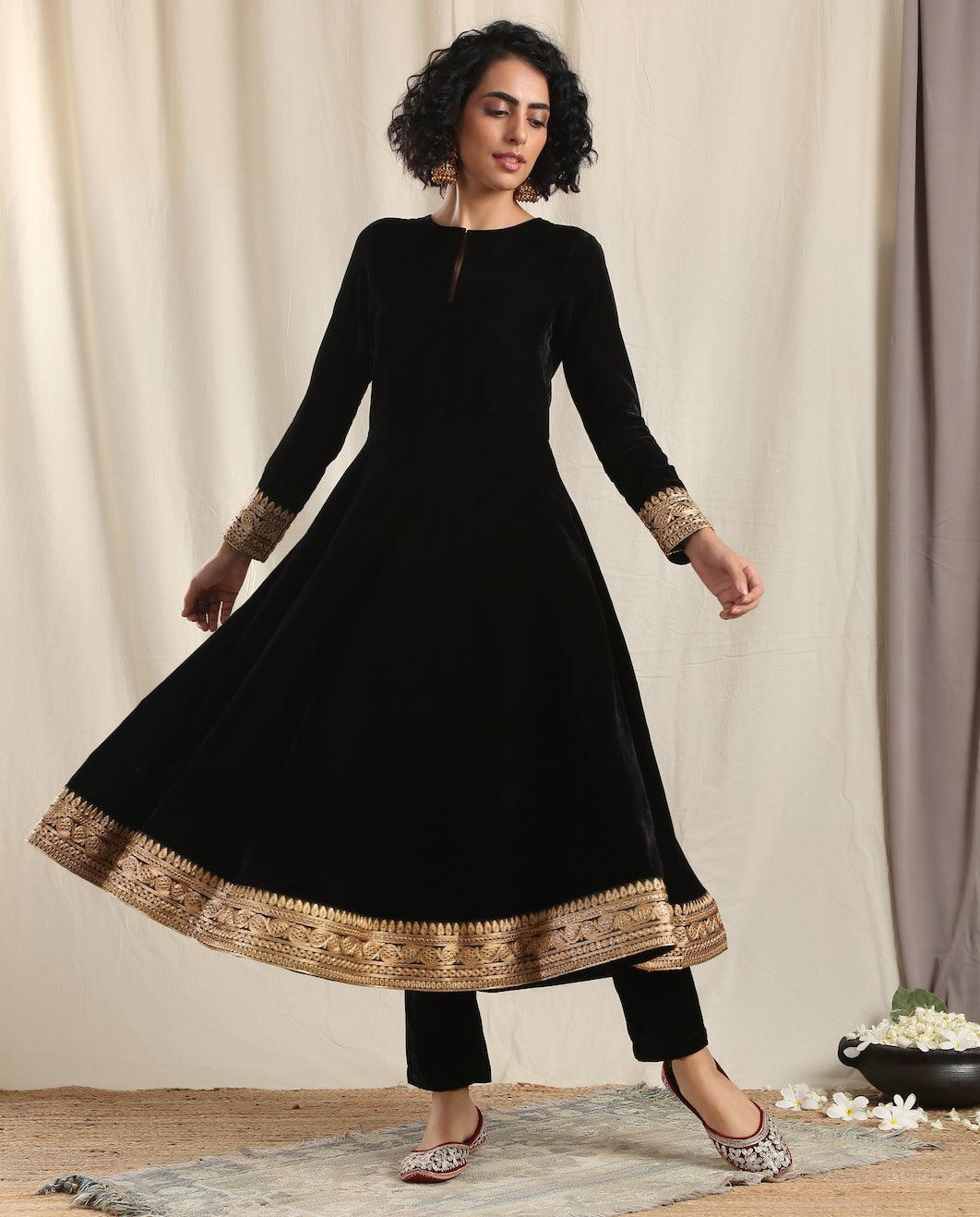 trueBrowns Black Velvet Flared Embroidered Kurta | Swadesiicart