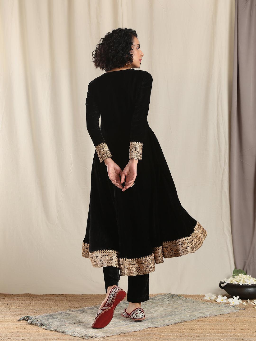 trueBrowns Black Velvet Flared Embroidered Kurta | Swadesiicart