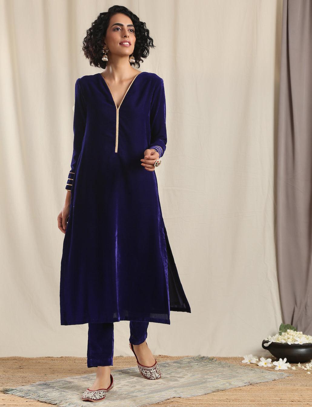 trueBrowns Blue Velvet Gota Kurta | Swadesiicart