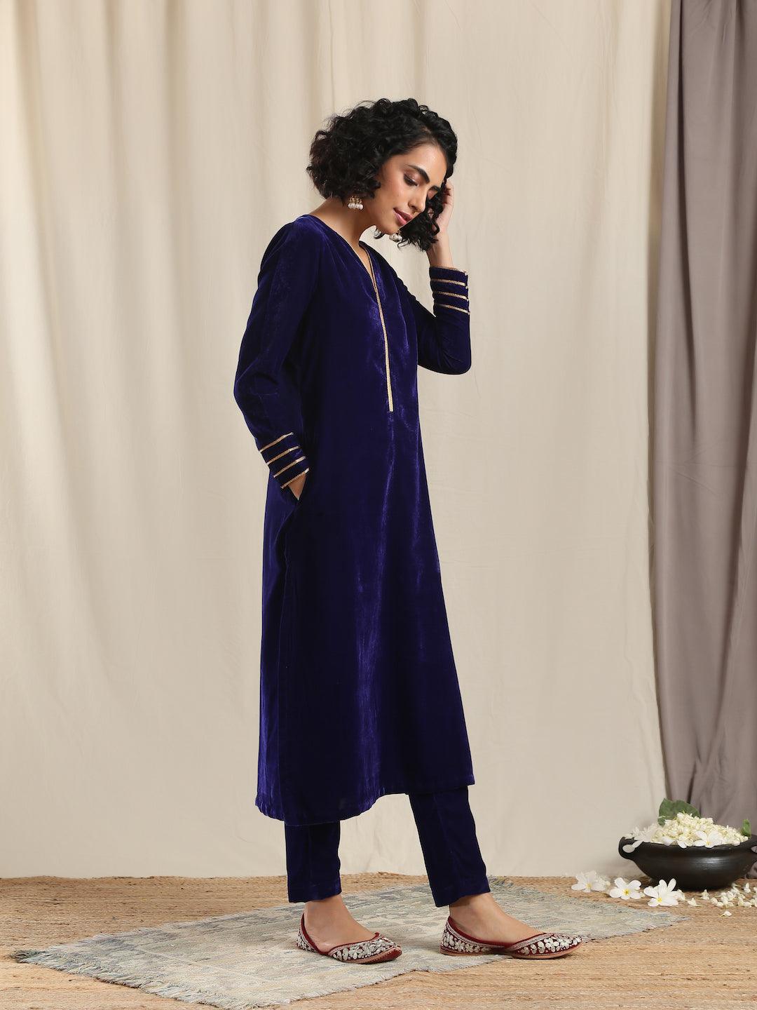 trueBrowns Blue Velvet Gota Kurta | Swadesiicart