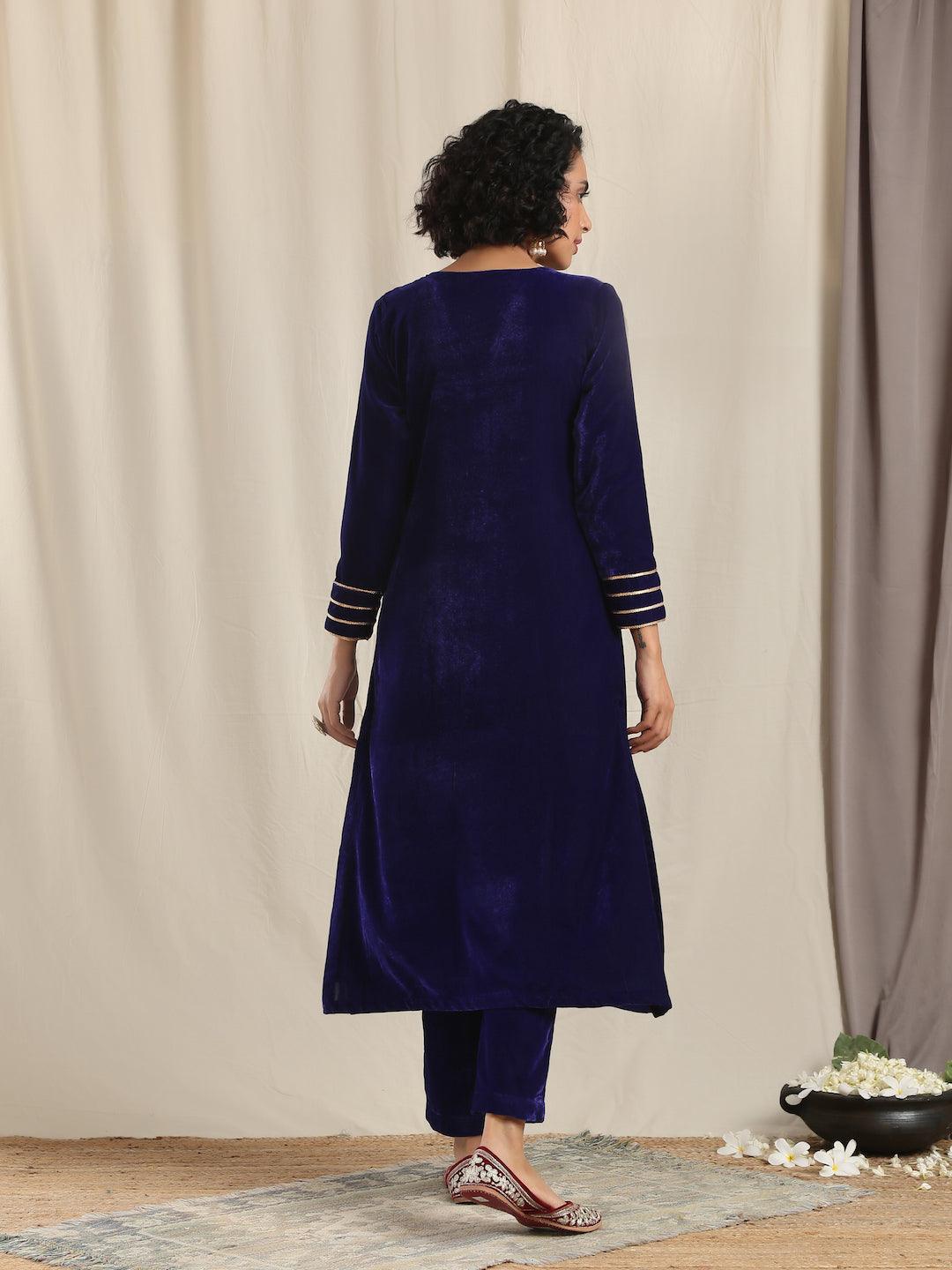 trueBrowns Blue Velvet Gota Kurta | Swadesiicart