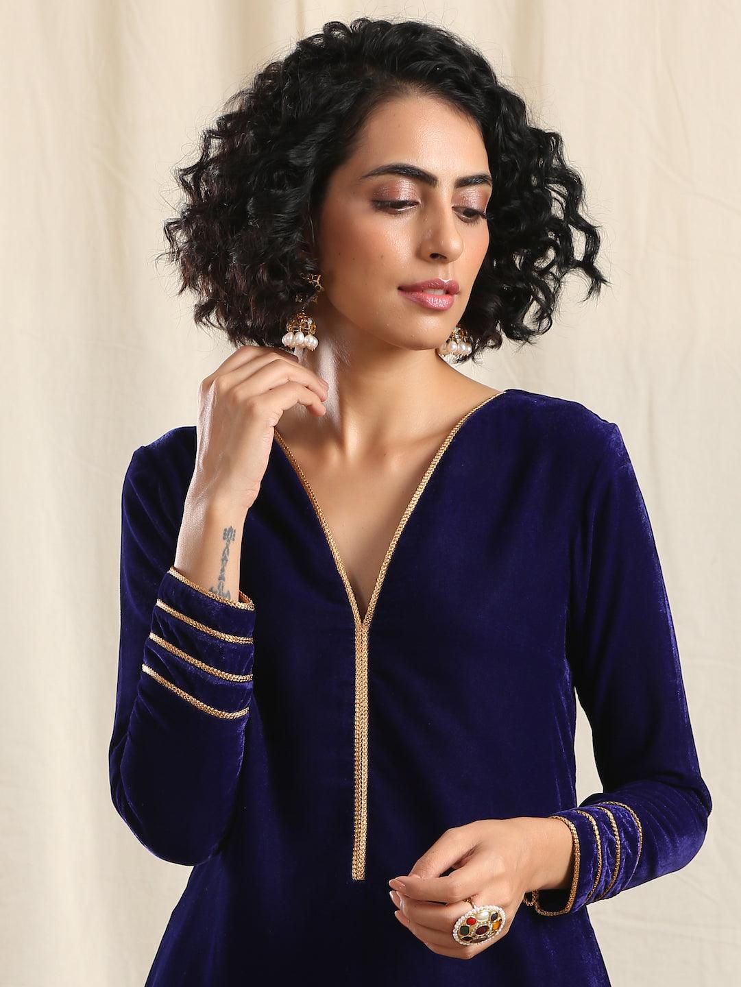 trueBrowns Blue Velvet Gota Kurta | Swadesiicart