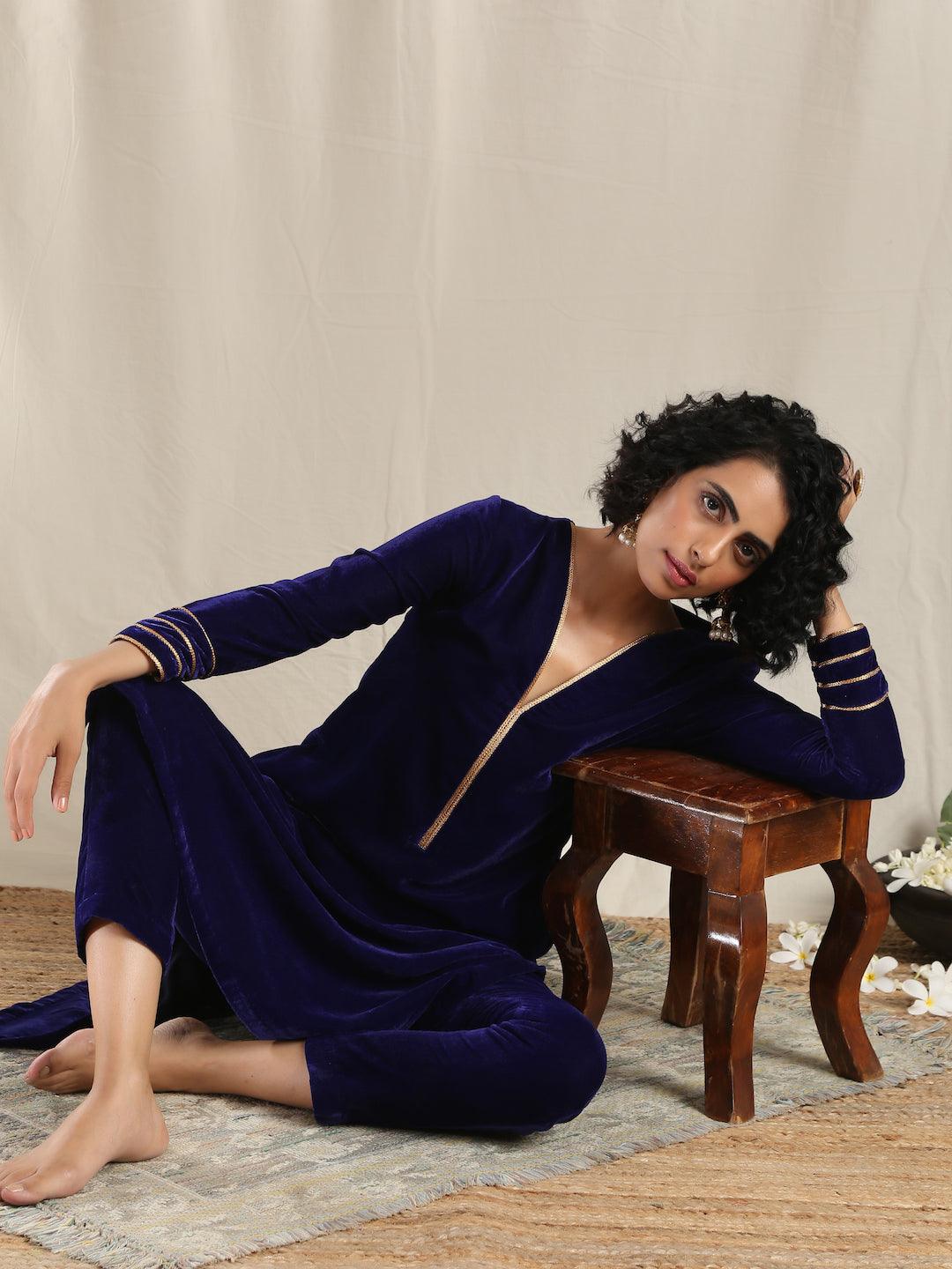 trueBrowns Blue Velvet Gota Kurta | Swadesiicart