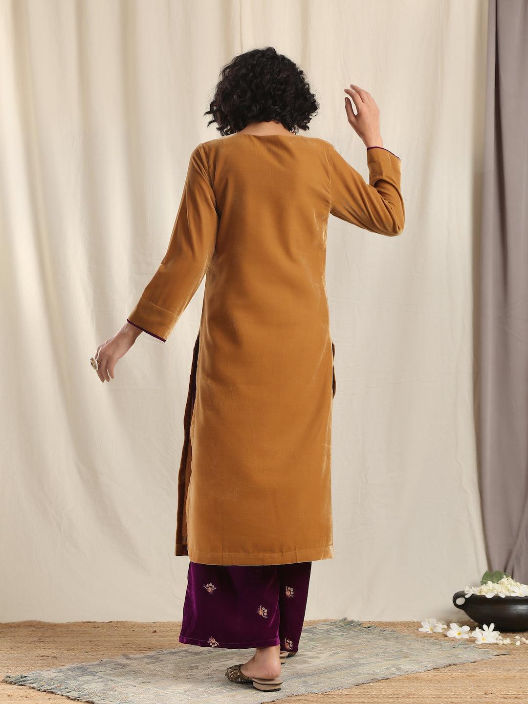 trueBrowns Brown Velvet Slit Kurta | Swadesiicart