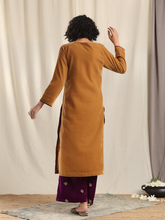 trueBrowns Brown Velvet Slit Kurta | Swadesiicart