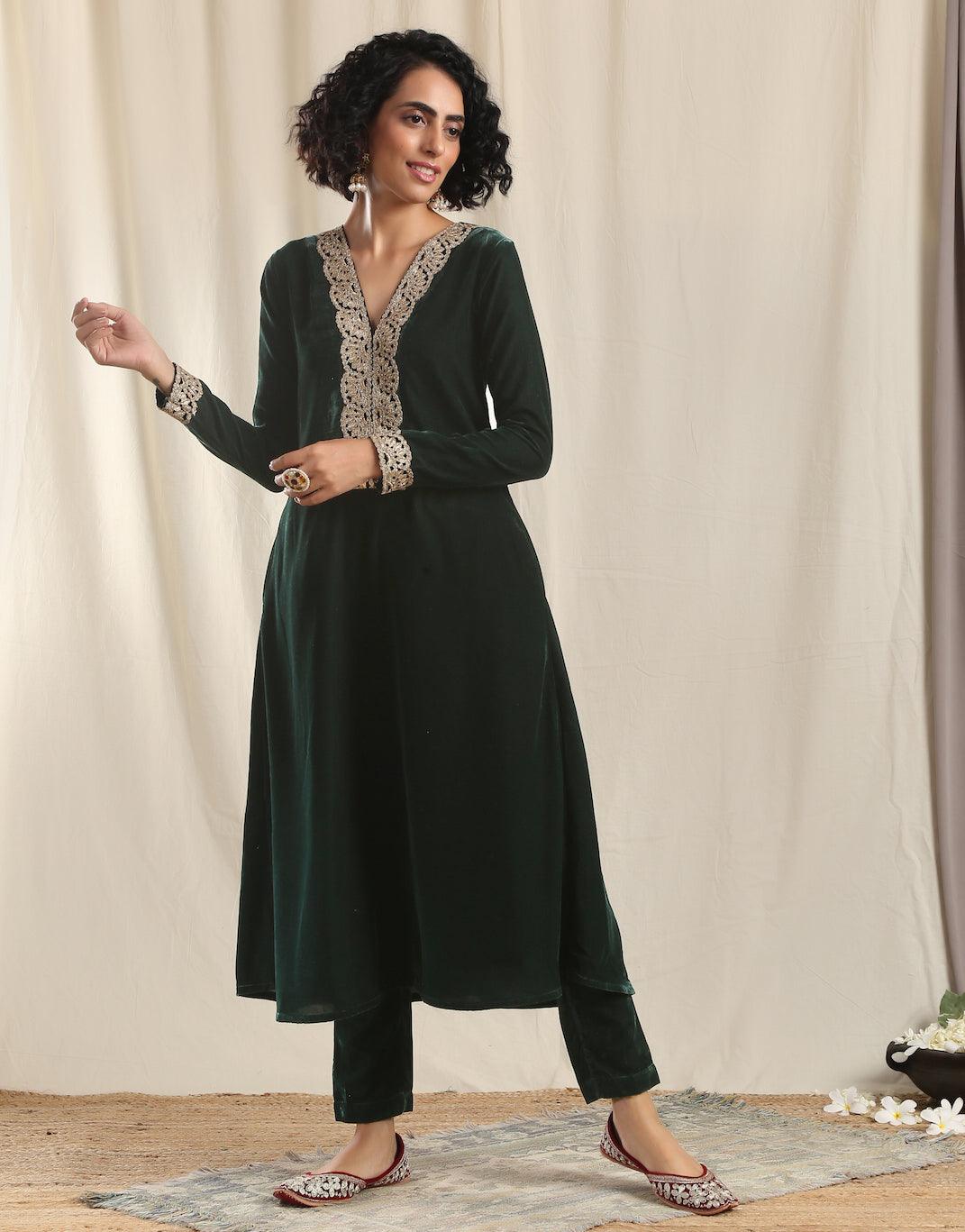trueBrowns Green Velvet Flared Gota Kurta | Swadesiicart