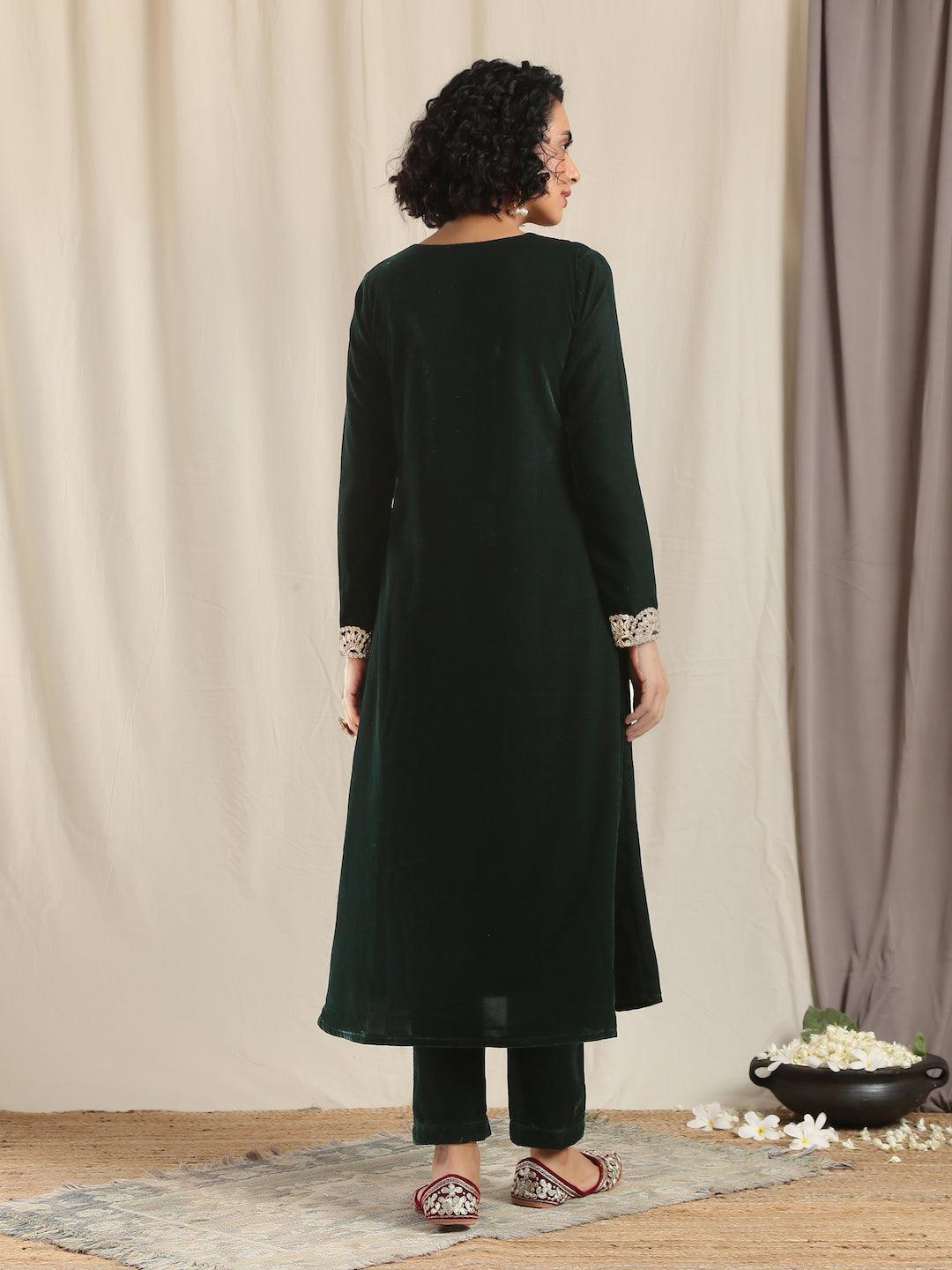 trueBrowns Green Velvet Flared Gota Kurta | Swadesiicart
