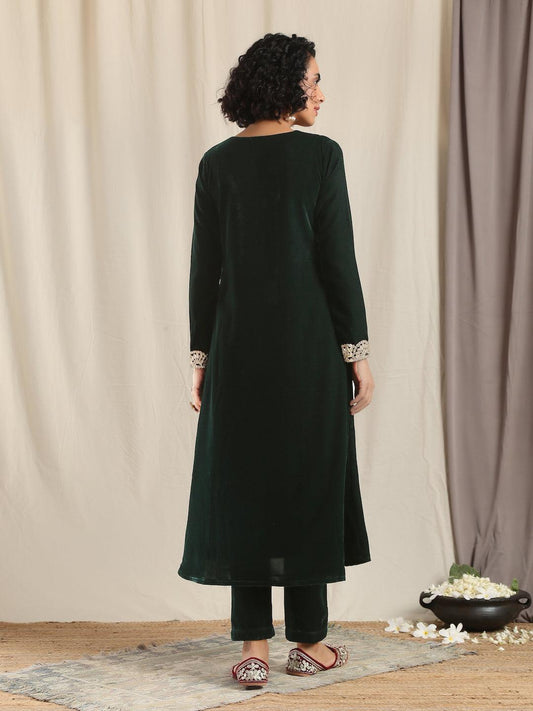 trueBrowns Green Velvet Flared Gota Kurta | Swadesiicart