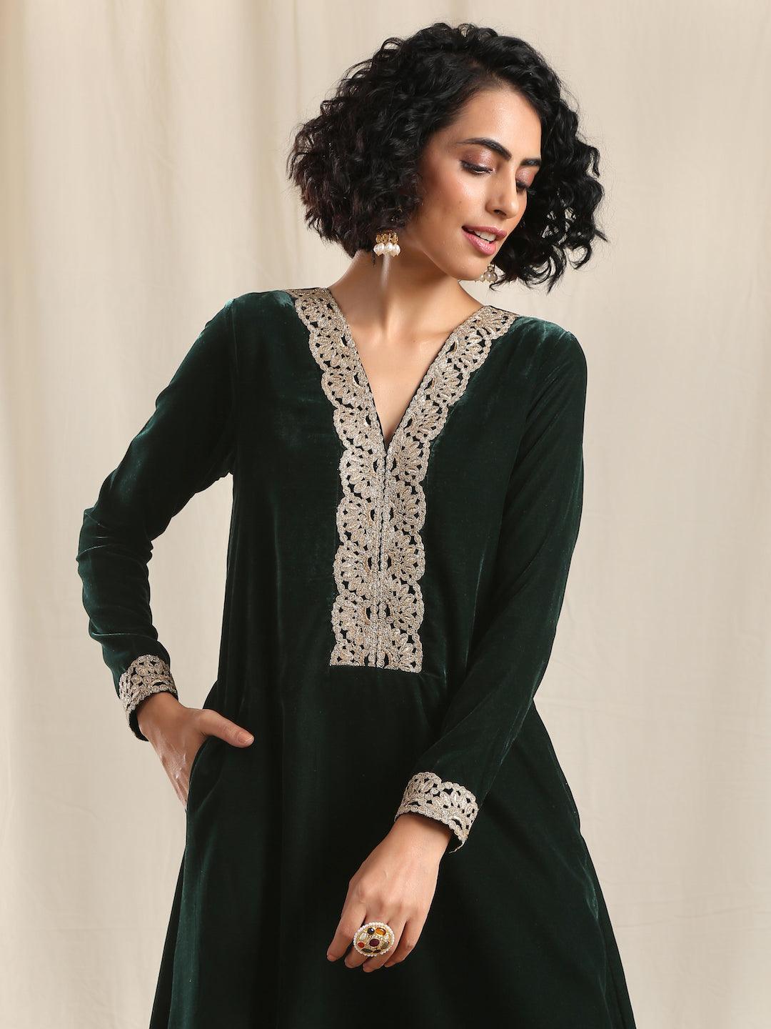 trueBrowns Green Velvet Flared Gota Kurta | Swadesiicart
