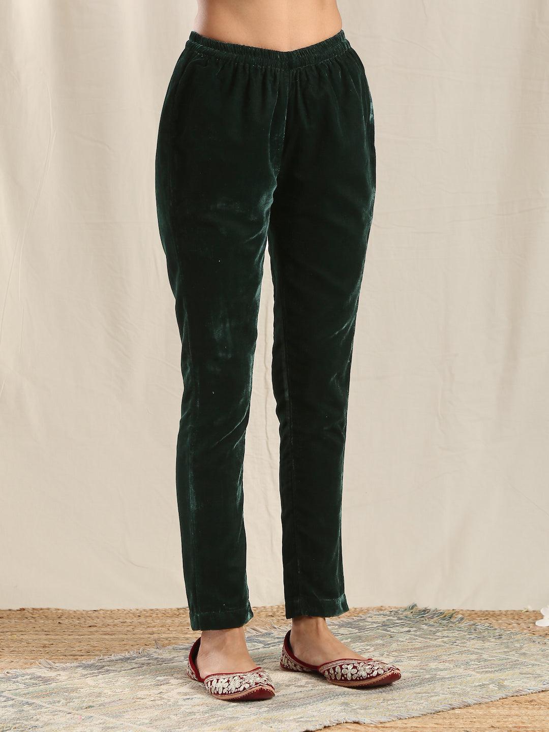 trueBrowns Green Velvet Pant | Swadesiicart