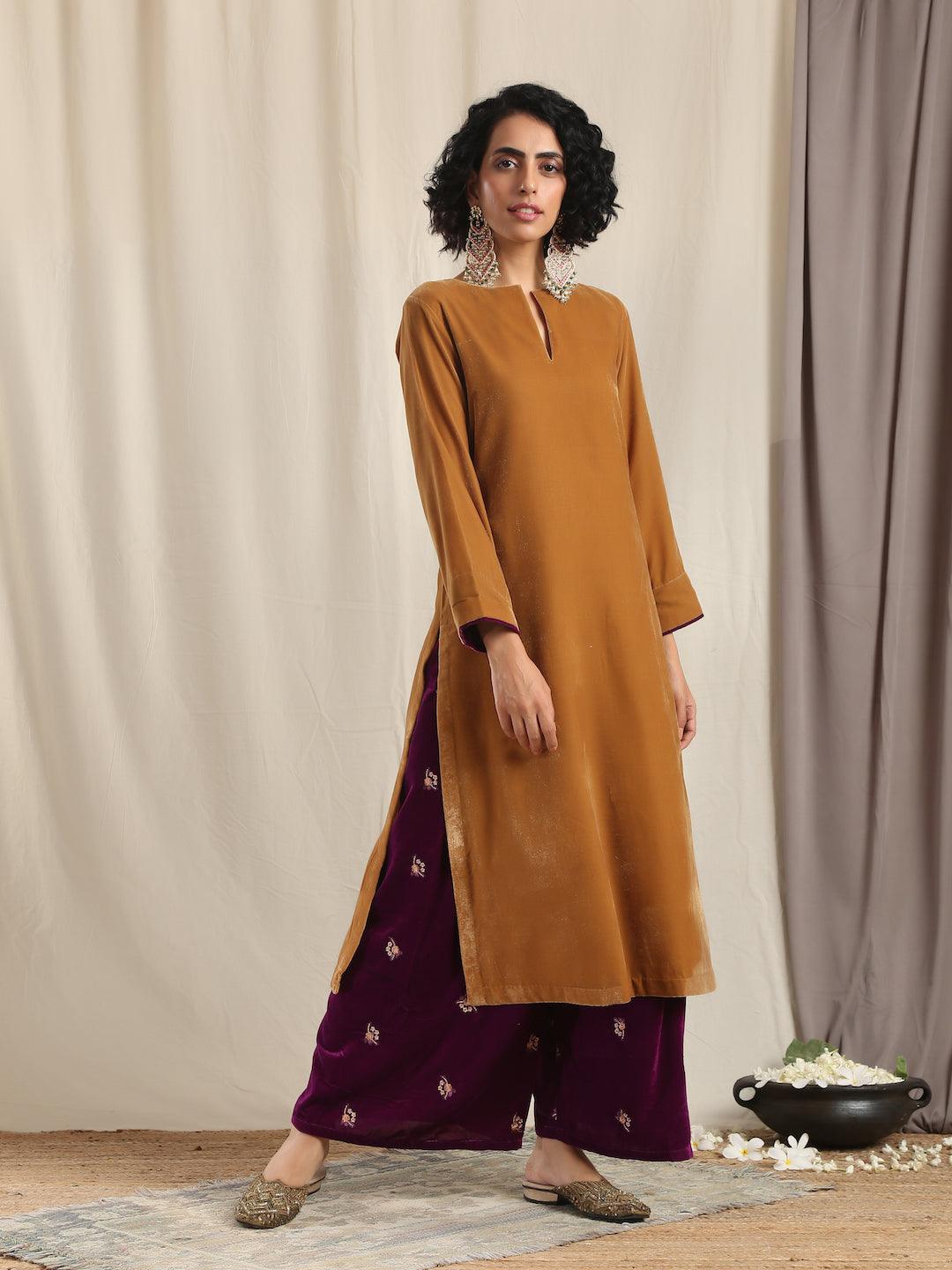 trueBrowns Wine Velvet Embroidered Palazzo | Swadesiicart