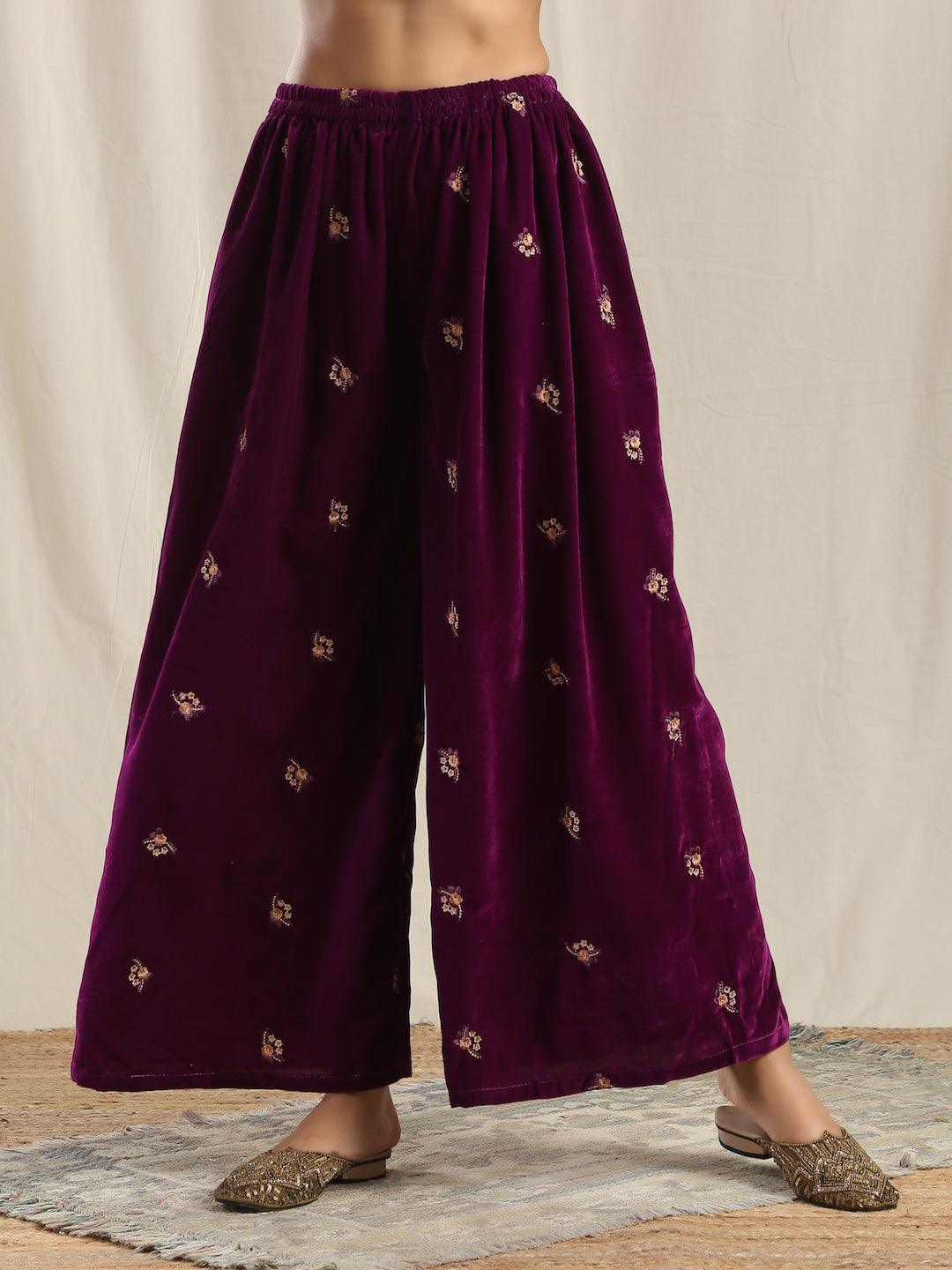 trueBrowns Wine Velvet Embroidered Palazzo | Swadesiicart